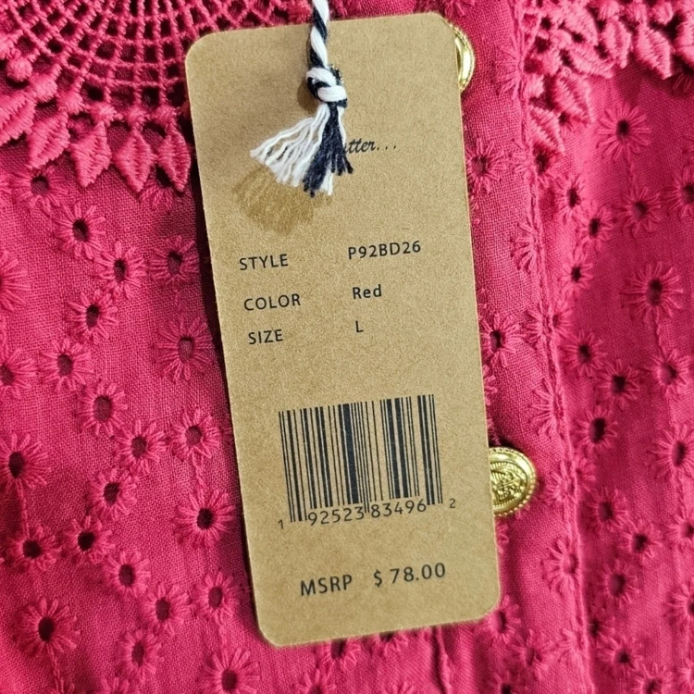 NWT Sperry Cotton Button Down Eyelet & Lace Drawstring Waist Romper Pink Red L